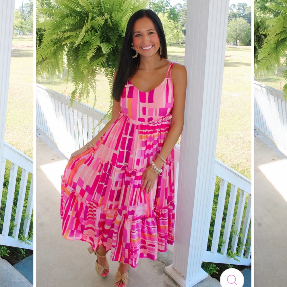 TCEC Vibrant Pink and Orange Abstract Midi Dress